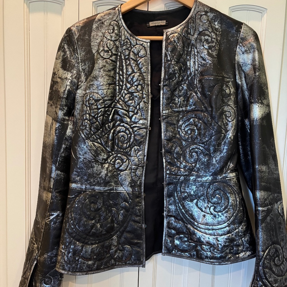 Genuine Leather ROZAE Nichols metallic embossed peplum leather jacket